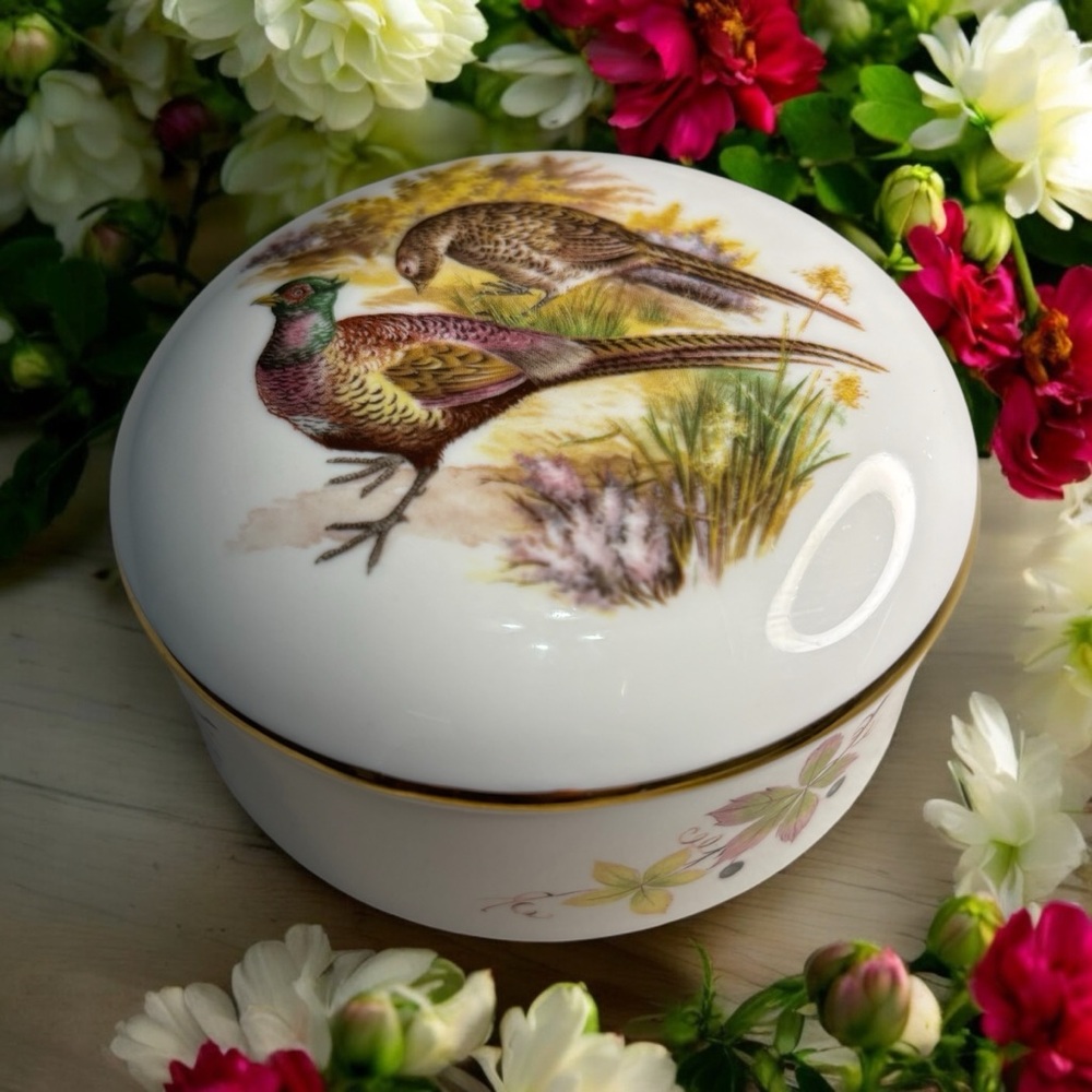 Victoria China GJ Round Trinket Box w Lid Pheasants Wildlife Flowers Leaves